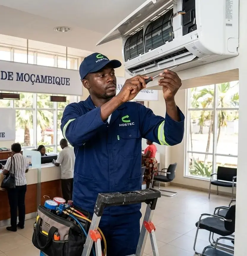 Técnico realizando manutenção de ar condicionado Cassete